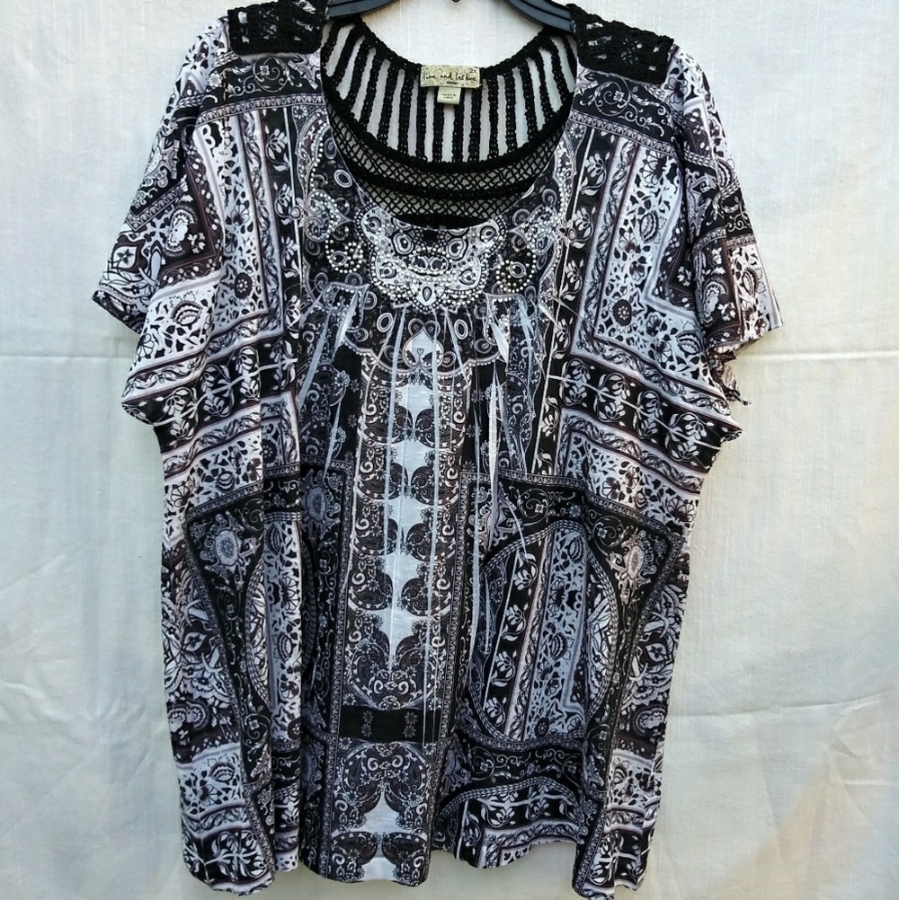 Live and let Live Lace Rhinestone Blouse Sz 2X